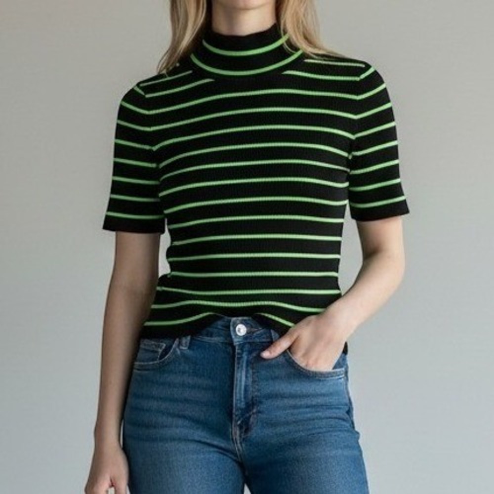 Free Assembly Womens Navy Blue Lime Green Striped Ribbed Mock Neck Sweater L NEW